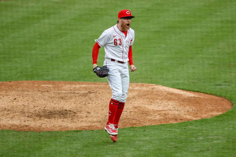 CINCINNATI, OHIO – APRIL 17: Sean Doolittle #63 of the Cincinnati Reds reacts. (Photo by Dylan Buell/Getty Images)