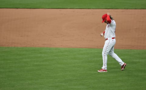 CINCINNATI, OHIO – APRIL 20: Luis Castillo #58 of the Cincinnati Reds reacts. (Photo by Andy Lyons/Getty Images)