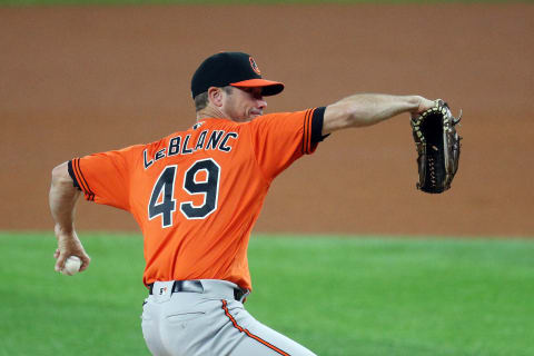 ARLINGTON, TEXAS – APRIL 17: Wade LeBlanc #49 of the Baltimore Orioles pitches. (Photo by Richard Rodriguez/Getty Images)