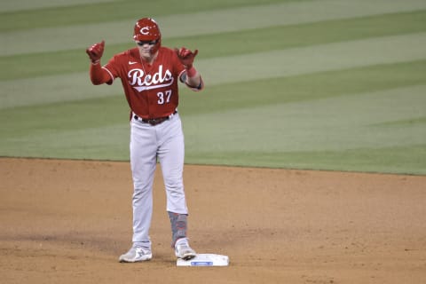 LOS ANGELES, CALIFORNIA – APRIL 26: Tyler Stephenson #37 of the Cincinnati Reds reacts on second base after hitting a double. (Photo by Michael Owens/Getty Images)