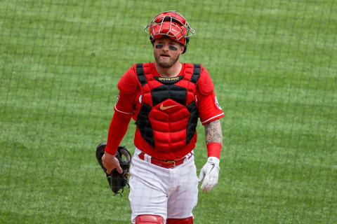 CINCINNATI, OHIO – MAY 02: Tucker Barnhart #16 of the Cincinnati Reds walks across the field. (Photo by Dylan Buell/Getty Images)