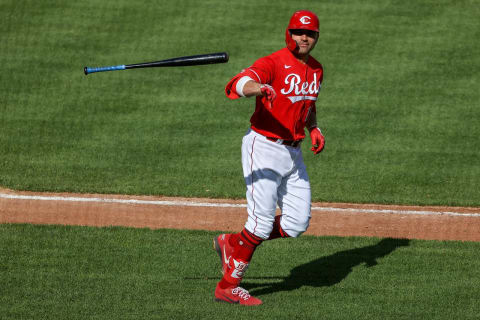 CINCINNATI, OHIO – MAY 01: Joey Votto #19 of the Cincinnati Reds tosses his bat after drawing a walk. (Photo by Dylan Buell/Getty Images)