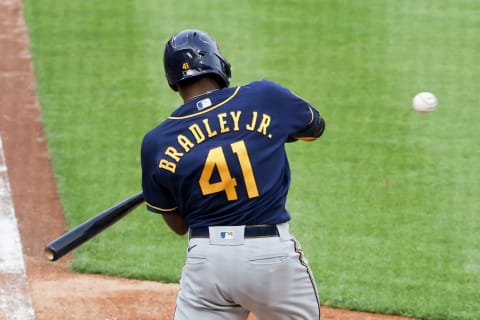 CINCINNATI, OHIO – MAY 22: Jackie Bradley Jr. #41 of the Milwaukee Brewers strikes out in the eighth inning against the Cincinnati Reds. (Photo by Dylan Buell/Getty Images)