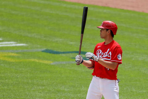 CINCINNATI, OHIO – MAY 23: Shogo Akiyama #4 of the Cincinnati Reds bats in the fifth inning. (Photo by Dylan Buell/Getty Images)