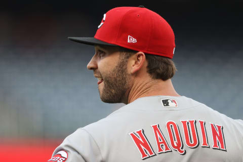 WASHINGTON, DC – MAY 26: Tyler Naquin #12 of the Cincinnati Reds looks on before playing. (Photo by Patrick Smith/Getty Images)