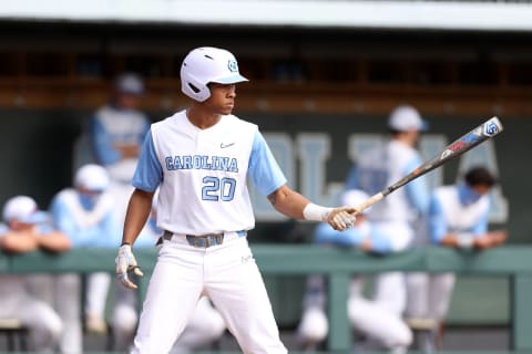 CHAPEL HILL, NC – FEBRUARY 27: Justice Thompson #20 of North Carolina waits for a pitch. The Reds drafted Thompson in Round 6. (Photo by Andy Mead/ISI Photos/Getty Images)