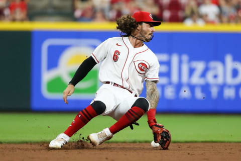 CINCINNATI, OHIO – JUNE 08: Jonathan India #6 of the Cincinnati Reds fails to field a ground ball in the seventh inning against the Milwaukee Brewers at Great American Ball Park on June 08, 2021 in Cincinnati, Ohio. (Photo by Dylan Buell/Getty Images)