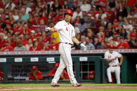 CINCINNATI, OHIO – JUNE 24: Shogo Akiyama #4 of the Cincinnati Reds bats in the eighth inning. (Photo by Dylan Buell/Getty Images)