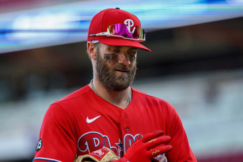 CINCINNATI, OHIO – JUNE 28: Bryce Harper #3 of the Philadelphia Phillies walks across the field in the third inning against the Cincinnati Reds. (Photo by Dylan Buell/Getty Images)