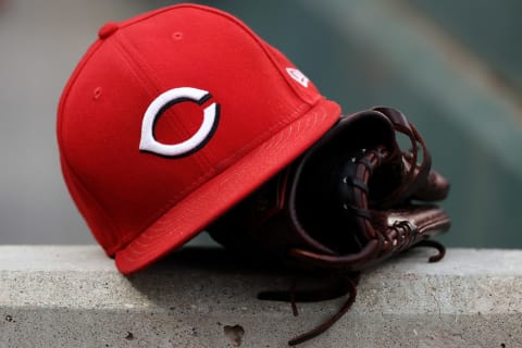 CINCINNATI, OHIO – JULY 01: A detail view of a Cincinnati Reds hat during the game against the San Diego Padres. (Photo by Dylan Buell/Getty Images)