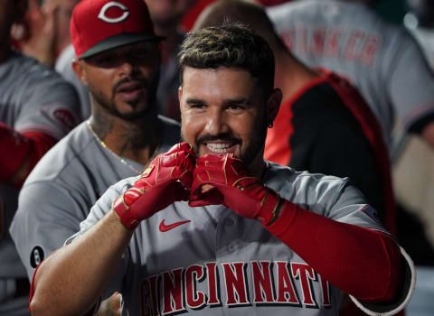 KANSAS CITY, MISSOURI – JULY 05: Eugenio Suarez #7 of the Cincinnati Reds celebrates his three-run home run. (Photo by Ed Zurga/Getty Images)