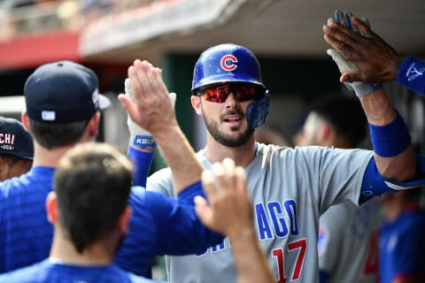 CINCINNATI, OH – JULY 3: Kris Bryant #17 of the Chicago Cubs celebrates after scoring a run against the Cincinnati Reds. (Photo by Jamie Sabau/Getty Images)