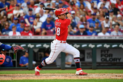 CINCINNATI, OH – JULY 3: Alejo Lopez #28 of the Cincinnati Reds bats against the Chicago Cubs. (Photo by Jamie Sabau/Getty Images)