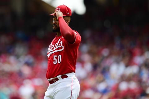 CINCINNATI, OHIO – JULY 04: Amir Garrett #50 of the Cincinnati Reds reacts during a game. (Photo by Emilee Chinn/Getty Images)