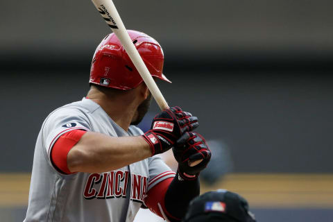 MILWAUKEE, WISCONSIN – JULY 09: A detailed view of the Franklin batting gloves worn by Eugenio Suarez #7 of the Cincinnati Reds. (Photo by John Fisher/Getty Images)