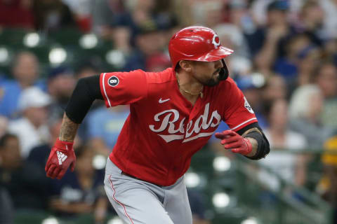 MILWAUKEE, WISCONSIN – JULY 11: Nick Castellanos #2 of the Cincinnati Reds hits a two run single. (Photo by John Fisher/Getty Images)