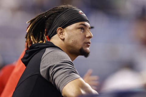 MIAMI, FLORIDA – AUGUST 29: Luis Castillo #58 of the Cincinnati Reds looks on. (Photo by Michael Reaves/Getty Images)