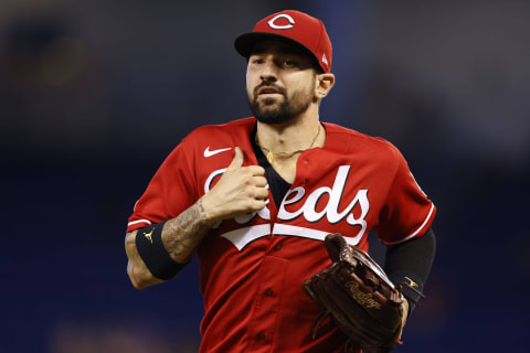 MIAMI, FLORIDA – AUGUST 29: Nick Castellanos #2 of the Cincinnati Reds looks on. Can Nick Krall and Reds front office hang on to Castellanos? (Photo by Michael Reaves/Getty Images)