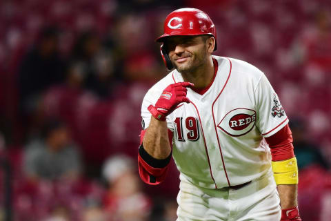 CINCINNATI, OHIO – SEPTEMBER 20: Joey Votto #19 of the Cincinnati Reds reacts while at bat in the eighth inning. (Photo by Emilee Chinn/Getty Images)