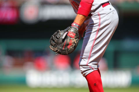 ST. LOUIS, MO – APRIL 8: A detail shot of a Rawlings glove worn by Joey Votto #19 of the Cincinnati Reds at Busch Stadium on April 8, 2017 in St. Louis, Missouri. (Photo by Dilip Vishwanat/Getty Images)