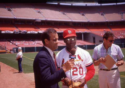 ANAHEIM,CA – CIRCA 1986: Joe Torre California Angels broadcaster interviews Curt Flood (Photo by Owen C. Shaw/Getty Images)