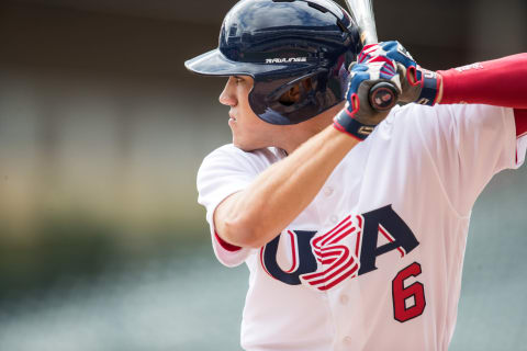 MINNEAPOLIS, MN- AUGUST 27: Cincinnati Reds prospect Michael Siani #6 of the USA Baseball 18U National Team bats. (Photo by Brace Hemmelgarn/Getty Images)