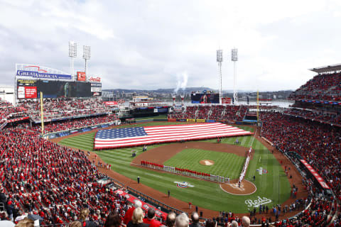 CINCINNATI, OH – MARCH 30: A general view during the national anthem prior to the Opening Day game between the Cincinnati Reds and Washington Nationals at Great American Ball Park. (Photo by Joe Robbins/Getty Images)