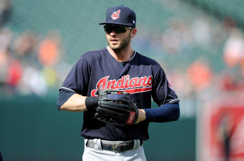 BALTIMORE, MD – APRIL 21: Tyler Naquin #30 of the Cleveland Indians warms up before the game. (Photo by G Fiume/Getty Images)