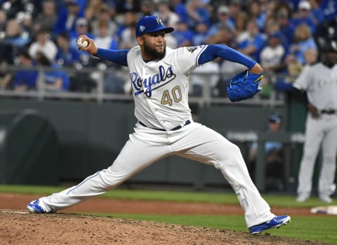 KANSAS CITY, MO – APRIL 27: Kelvin Herrera #40 of the Kansas City Royals throws in the ninth inning against the Chicago White Sox at Kauffman Stadium on April 27, 2018 in Kansas City, Missouri. (Photo by Ed Zurga/Getty Images)