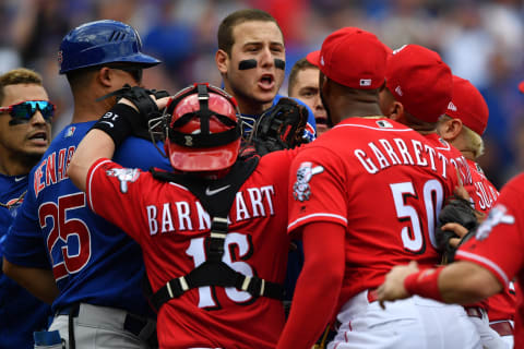 CINCINNATI, OH – MAY 19: Anthony Rizzo #44 of the Chicago Cubs confronts pitcher Amir Garrett #50 of the Cincinnati Reds at the end of the seventh inning at Great American Ball Park on May 19, 2018 in Cincinnati, Ohio. Benches cleared after Javier Baez #9 of the Chicago Cubs struck out to end the inning and got into a shouting match with Garrett. (Photo by Jamie Sabau/Getty Images)