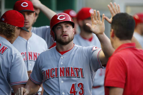 PITTSBURGH, PA – JUNE 15: Scott Schebler #43 of the Cincinnati Reds celebrates after scoring on a sacrifice fly in the third inning against the Pittsburgh Pirates at PNC Park on June 15, 2018 in Pittsburgh, Pennsylvania. (Photo by Justin K. Aller/Getty Images)