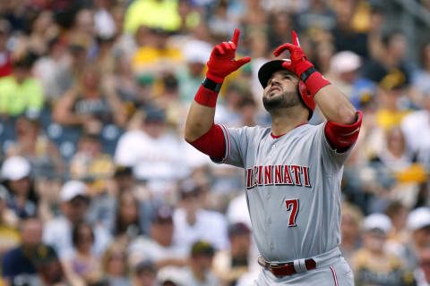 PITTSBURGH, PA – JUNE 16: Eugenio Suarez #7 of the Cincinnati Reds reacts after hitting a solo home run in the second inning against the Pittsburgh Pirates at PNC Park on June 16, 2018 in Pittsburgh, Pennsylvania. (Photo by Justin K. Aller/Getty Images)