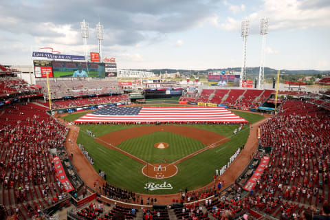 CINCINNATI, OH – JULY 04: A large American flag stretches over the outfield during the national anthem before starting the Chicago White Sox game against the Cincinnati Reds. (Photo by Andy Lyons/Getty Images)