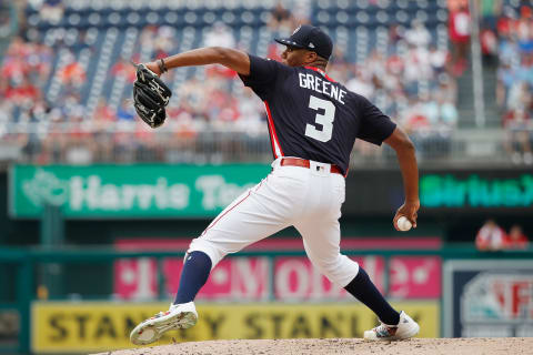 WASHINGTON, DC – JULY 15: Pitcher Hunter Greene #3 of the Cincinnati Reds and the U.S. Team works the third inning. (Photo by Patrick McDermott/Getty Images)