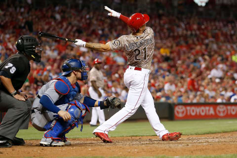 CINCINNATI, OH – AUGUST 19: Michael Lorenzen #21 of the Cincinnati Reds hits his first career major league home run, a three run home run, during the seventh inning of the game against the Los Angeles Dodgers at Great American Ball Park on August 19, 2016 in Cincinnati, Ohio. Cincinnati defeated Los Angeles 9-2. (Photo by Kirk Irwin/Getty Images)