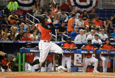 MIAMI, FL – JULY 09: Nick Senzel #13 of the Cincinnati Reds and the U.S. Team hits an RBI double in the first inning against the World Team during the SiriusXM All-Star Futures Game at Marlins Park on July 9, 2017 in Miami, Florida. (Photo by Mike Ehrmann/Getty Images)