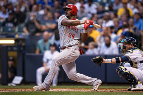 MILWAUKEE, WISCONSIN – JULY 22: Yasiel Puig #66 of the Cincinnati Reds grounds out. (Photo by Dylan Buell/Getty Images)