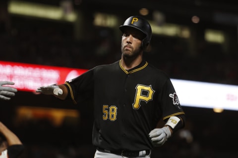 SAN FRANCISCO, CA – SEPTEMBER 09: Jacob Stallings #58 of the Pittsburgh Pirates is congratulated at home plate. (Photo by Stephen Lam/Getty Images)