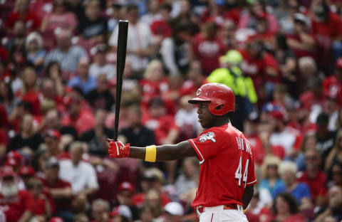 CINCINNATI, OHIO – SEPTEMBER 07: Aristides Aquino #44 of the Cincinnati Reds steps into the batters’ box. (Photo by Silas Walker/Getty Images)
