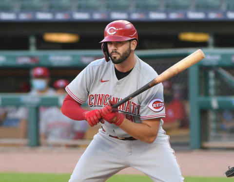 DETROIT, MI – JULY 31: Mike Moustakas #9 of the Cincinnati Reds bats. The Tigers defeated the Reds 7-2. (Photo by Mark Cunningham/MLB Photos via Getty Images)