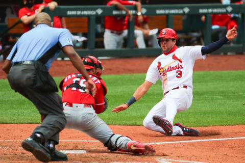 ST LOUIS, MO – AUGUST 23: Dylan Carlson #3 of the St. Louis Cardinals attempts to score a run against the Cincinnati Reds in the fourth inning. (Photo by Dilip Vishwanat/Getty Images)