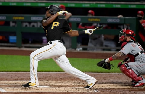 PITTSBURGH, PA – SEPTEMBER 04: Ke’Bryan Hayes #13 of the Pittsburgh Pirates hits a triple to center field in the second inning during game two of a doubleheader against the Cincinnati Reds. (Photo by Justin Berl/Getty Images)