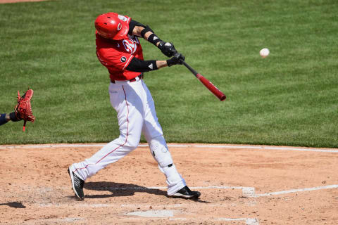 CINCINNATI, OH – APRIL 4: Nick Castellanos #2 of the Cincinnati Reds hits a three-run home run in the fifth inning. (Photo by Jamie Sabau/Getty Images)