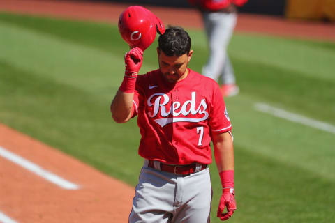 ST LOUIS, MO – APRIL 25: Eugenio Suarez #7 of the Cincinnati Reds reacts after striking out. (Photo by Dilip Vishwanat/Getty Images)