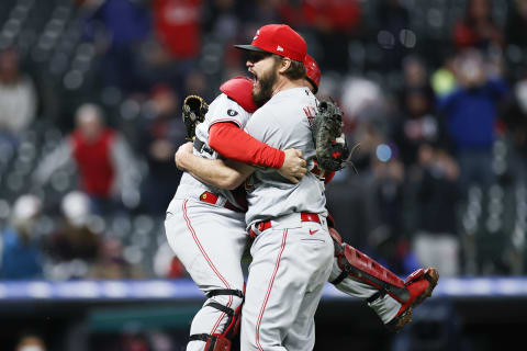 CLEVELAND, OH – MAY 07: Wade Miley #22 of the Cincinnati Reds celebrates with Tucker Barnhart #16 after pitching a no-hitter. (Photo by Ron Schwane/Getty Images)