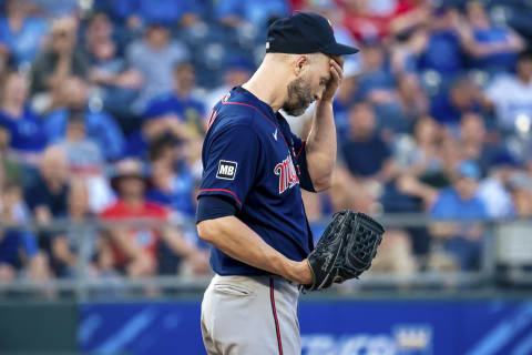 KANSAS CITY, MO – JUNE 03: J.A. Happ #33 of the Minnesota Twins reacts to loading the bases. (Photo by Kyle Rivas/Getty Images)