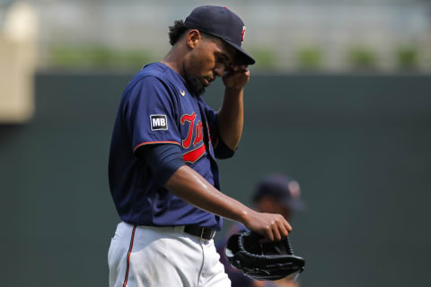 MINNEAPOLIS, MN – JULY 28: Juan Minaya, #49 of the Minnesota Twins, walks to the dugout. (Photo by David Berding/Getty Images)