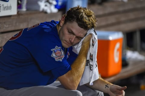 MIAMI, FL – AUGUST 14: Codi Heuer, #12 of the Chicago Cubs, sits in the dugout after the eighth inning. (Photo by Eric Espada/Getty Images)