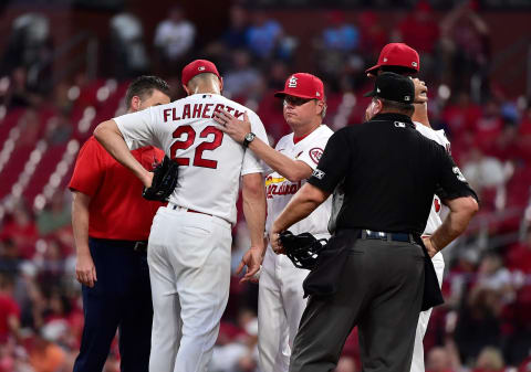 ST LOUIS, MO – AUGUST 24: Jack Flaherty #22 of the St. Louis Cardinals is removed from the game. (Photo by Jeff Curry/Getty Images)