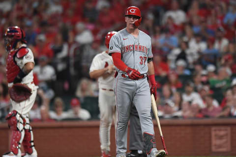 ST. LOUIS, MO – SEPTEMBER 11: Tyler Stephenson #37 of the Cincinnati Reds reacts to striking out. (Photo by Michael B. Thomas/Getty Images)